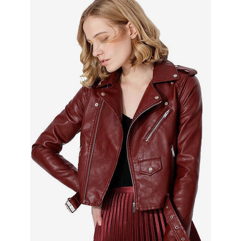 Faux Leather Moto Jacket Burgundy Zip Up Turndown Collar PU Boyfriend Style Slim Fit Long Sleeve Spring Fall Biker Outerwear For Women Classic  Traditional Casual