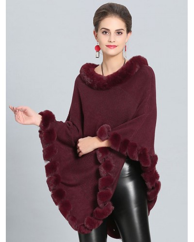 Burgundy Poncho Fur Hem Cape Spring Outerwear For Women Classic  Traditional Casual