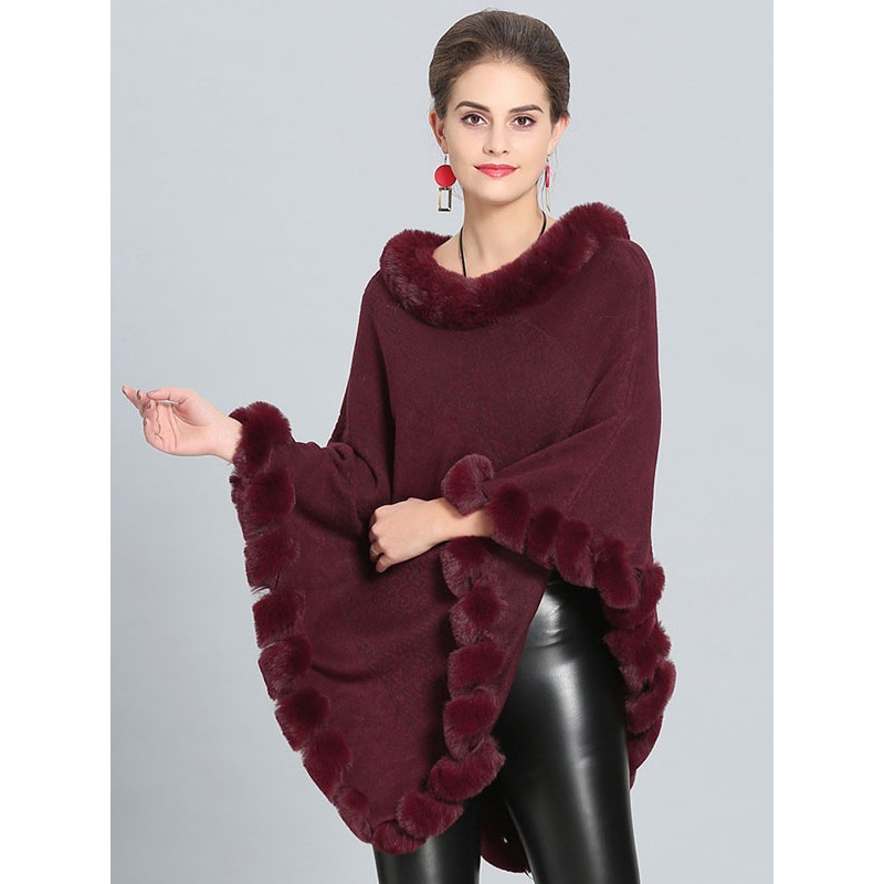 Burgundy Poncho Fur Hem Cape Spring Outerwear For Women Classic  Traditional Casual