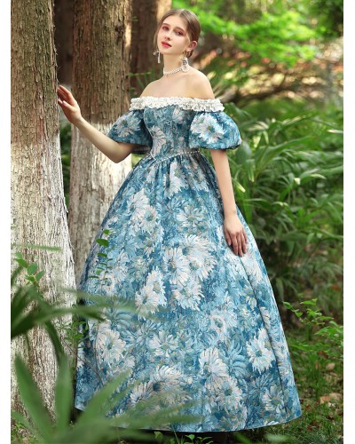 Women Light Sky Blue Costumes 's Floral Print Polyester Dress Marie Antoinette Costume 18th Century Costume Royal Retro Gothic Euro-Style