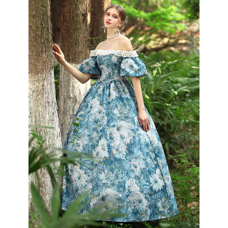 Women Light Sky Blue Costumes 's Floral Print Polyester Dress Marie Antoinette Costume 18th Century Costume Royal Retro Gothic Euro-Style