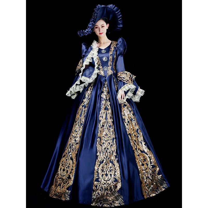 Classical Lolita Dress Polyester Long Sleeves Classic Lolita Dresses Dark Navy Classic  Traditional Daily Casual Tea Party