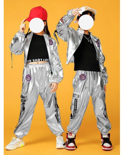 Dance Costumes Kid's Silver Men's Dancer Top Pants Set Polyester Street Dancing Costume Hip Hop Party Holiday Ball