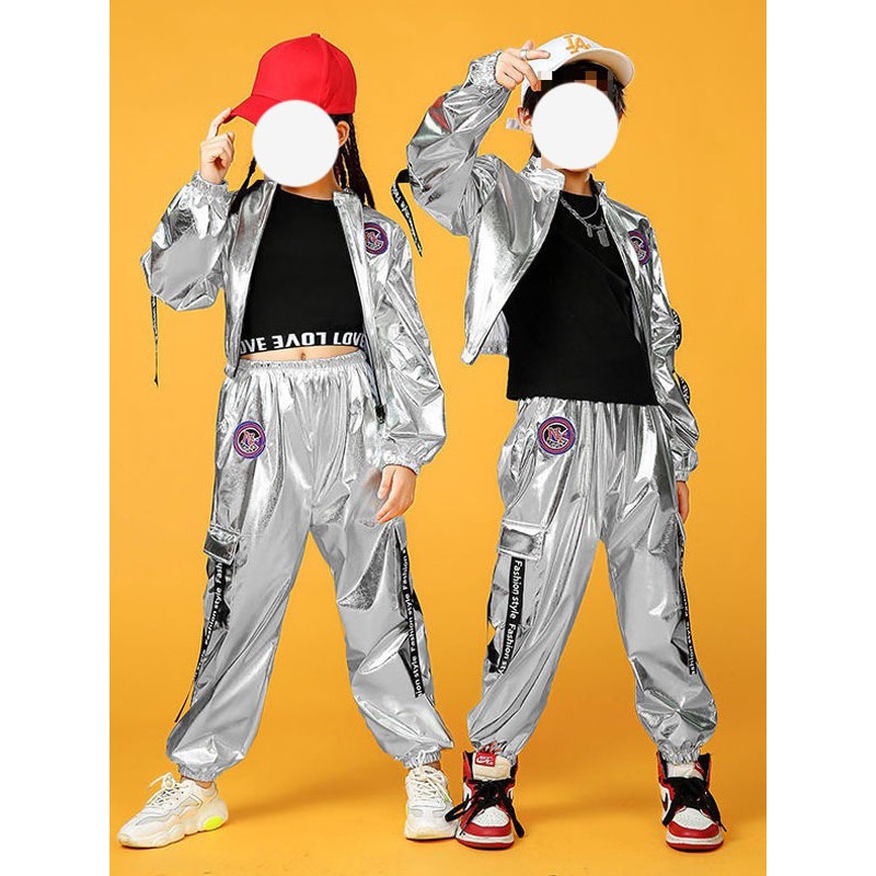 Dance Costumes Kid's Silver Men's Dancer Top Pants Set Polyester Street Dancing Costume Hip Hop Party Holiday Ball