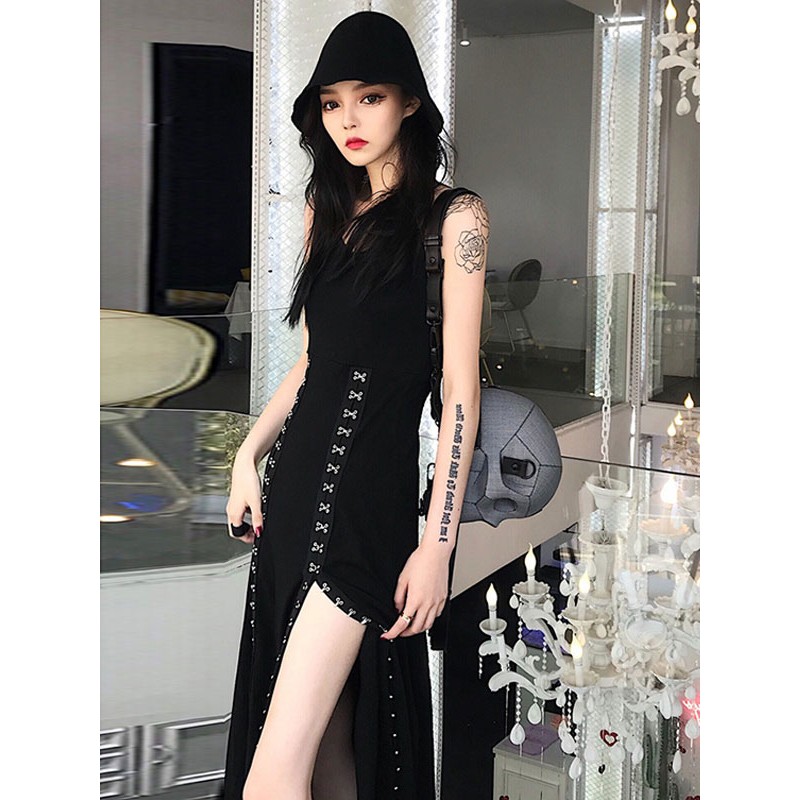 Gothic OP Dress Punk Polyester Metallic Pattern Long One Piece Dress