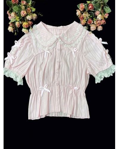 Lolita Blouses Soft Pink Lolita Top Short Sleeves Ruffles Lace Lace Lolita Shirt Sweet Spring Summer Fall