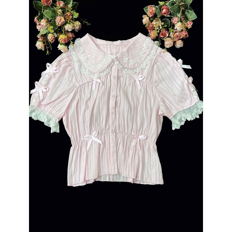 Lolita Blouses Soft Pink Lolita Top Short Sleeves Ruffles Lace Lace Lolita Shirt Sweet Spring Summer Fall