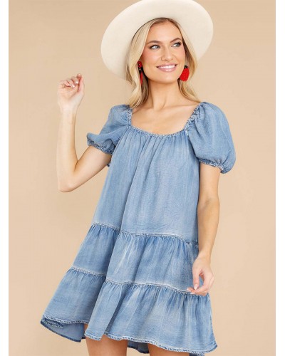 Women Dresses Short Sleeves Casual Pleated Square Neck Oversized Light Sky Blue Tunic Dress Shift Summer