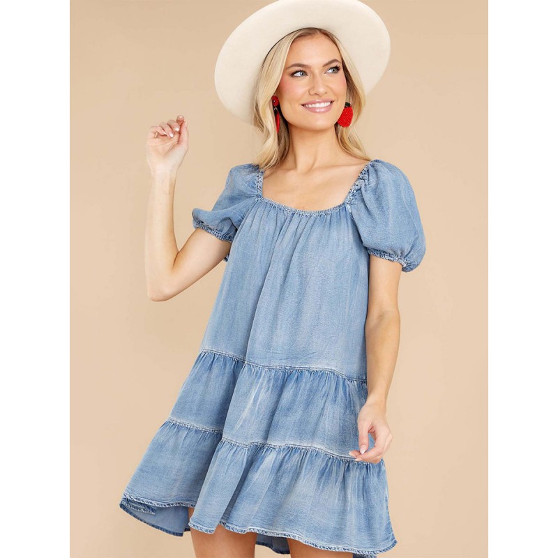 Women Dresses Short Sleeves Casual Pleated Square Neck Oversized Light Sky Blue Tunic Dress Shift Summer