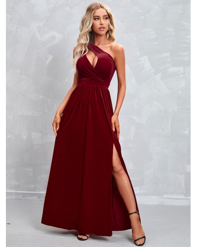 Women One-Shoulder Maxi Dress Retro High-slit Floor Length Dress Sexy Summer