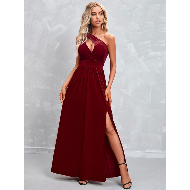 Women One-Shoulder Maxi Dress Retro High-slit Floor Length Dress Sexy Summer