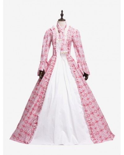 Women Halloween Retro Costume Pink Dress Rococo Masquerade Ball Gowns Printed Long Sleeve Vintage Costume Sets Middle Ages