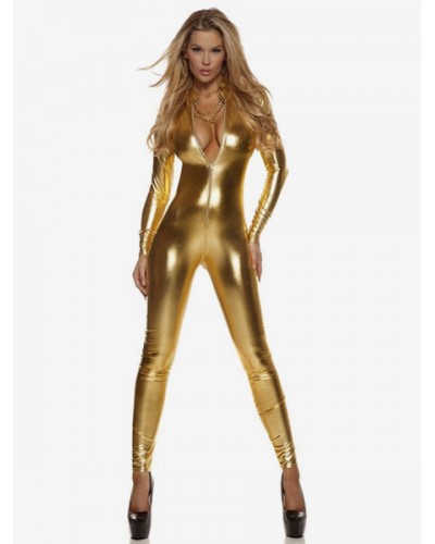 Golden Adults Bodysuit Sexy Shiny Metallic Catsuit For Women