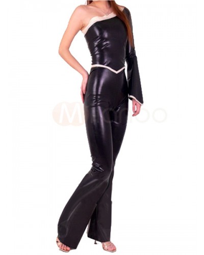 Halloween Black Sexy Single Sleeve Shiny Metallic Catsuit Bodysuit Solid