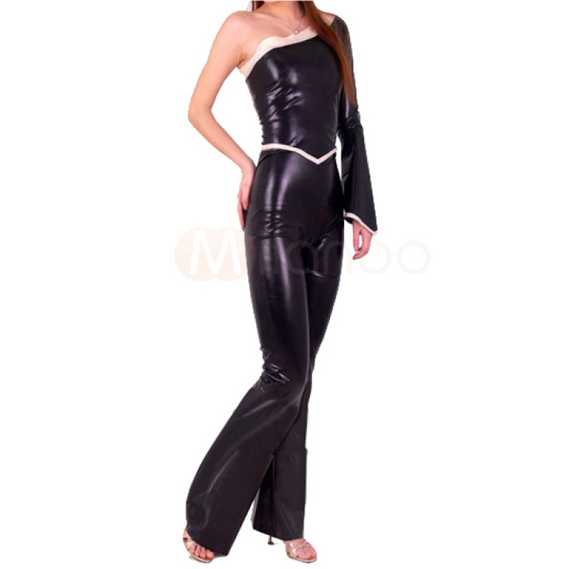 Halloween Black Sexy Single Sleeve Shiny Metallic Catsuit Bodysuit Solid