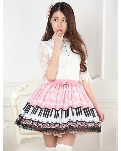 Sweet Pink Piano Print Lolita Skirt Lace Trim Tea Party