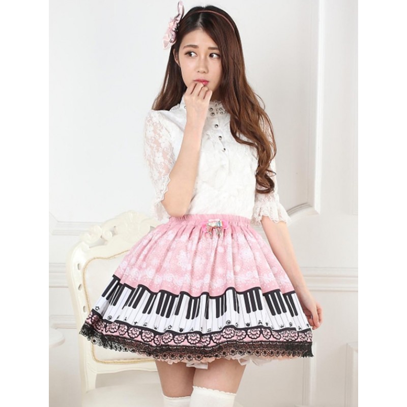 Sweet Pink Piano Print Lolita Skirt Lace Trim Tea Party