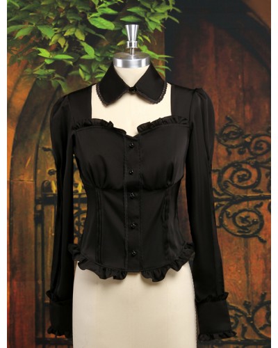 Black Satin Lolita Blouse Long Sleeves Ruffles Lace Up Sexy Blouse