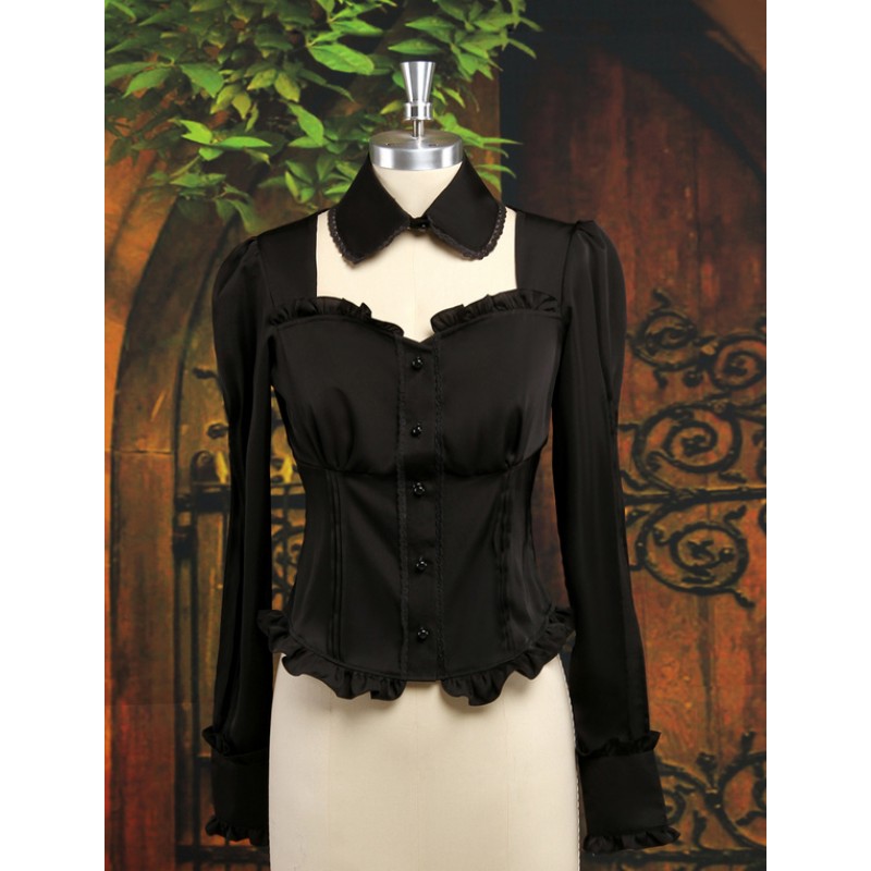 Black Satin Lolita Blouse Long Sleeves Ruffles Lace Up Sexy Blouse