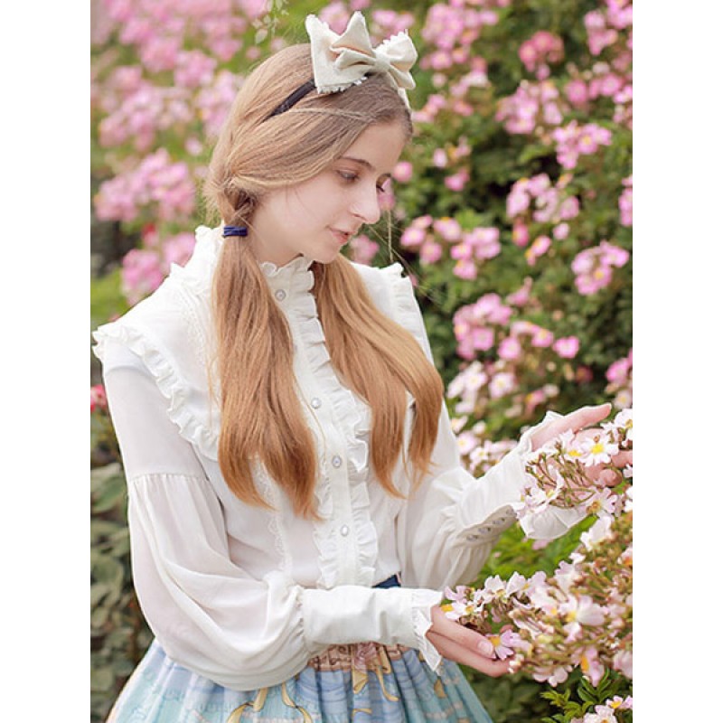 Classic Lolita Blouses Chiffon Stand Collar Long Sleeve Ruffles Pleated White Lolita Top Tops Classic  Traditional Daily Casual