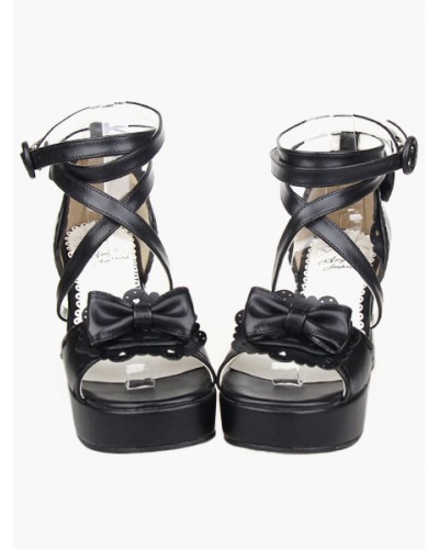 Black Lolita Sandals Chunky Heels Platform Ankle Straps Bow