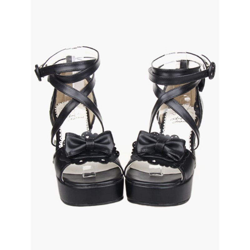 Black Lolita Sandals Chunky Heels Platform Ankle Straps Bow