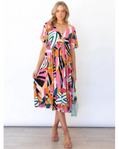 Women Dress V-Neck Printed Pleated Pink Medium Beach Dress Summer