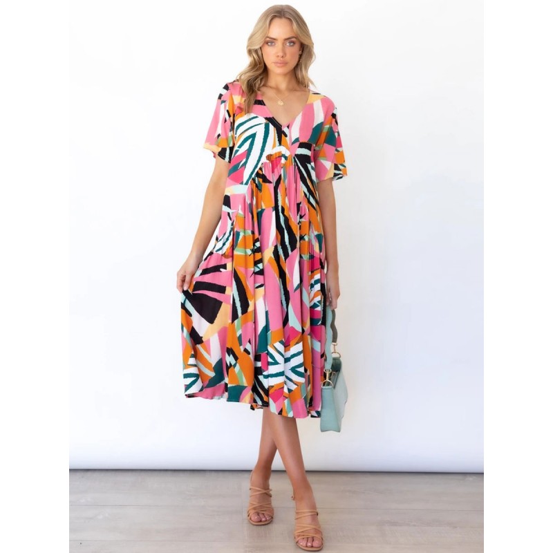 Women Dress V-Neck Printed Pleated Pink Medium Beach Dress Summer