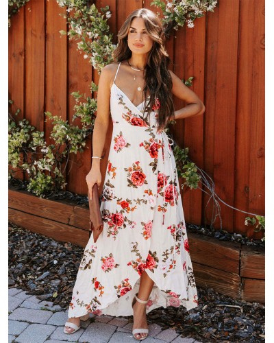 Floral Maxi Dresses Sleeveless Straps Neck Sexy Backless Spaghetti Straps Lace Up Backless Front Slit Long Summer Bodycon Street Wear Daily Casual Resort Wear