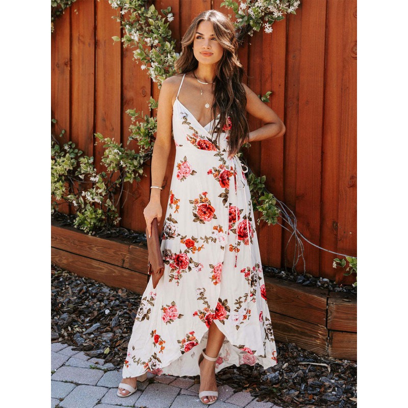 Floral Maxi Dresses Sleeveless Straps Neck Sexy Backless Spaghetti Straps Lace Up Backless Front Slit Long Summer Bodycon Street Wear Daily Casual Resort Wear