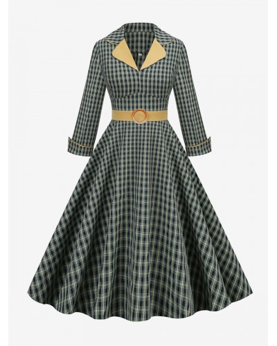 Women Dress 1950s Audrey Hepburn Style Turndown Collar Long Sleeves Woman's Medium Plaid Rockabilly Dress Vintage Daily Casual