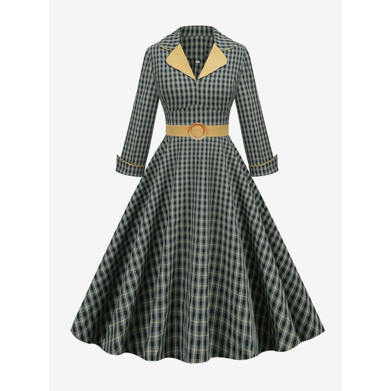 Women Dress 1950s Audrey Hepburn Style Turndown Collar Long Sleeves Woman's Medium Plaid Rockabilly Dress Vintage Daily Casual