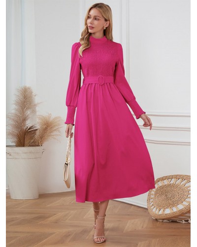 Midi Dress Pleated Polyester Crewneck Long Sleeves Elegant Party Dating