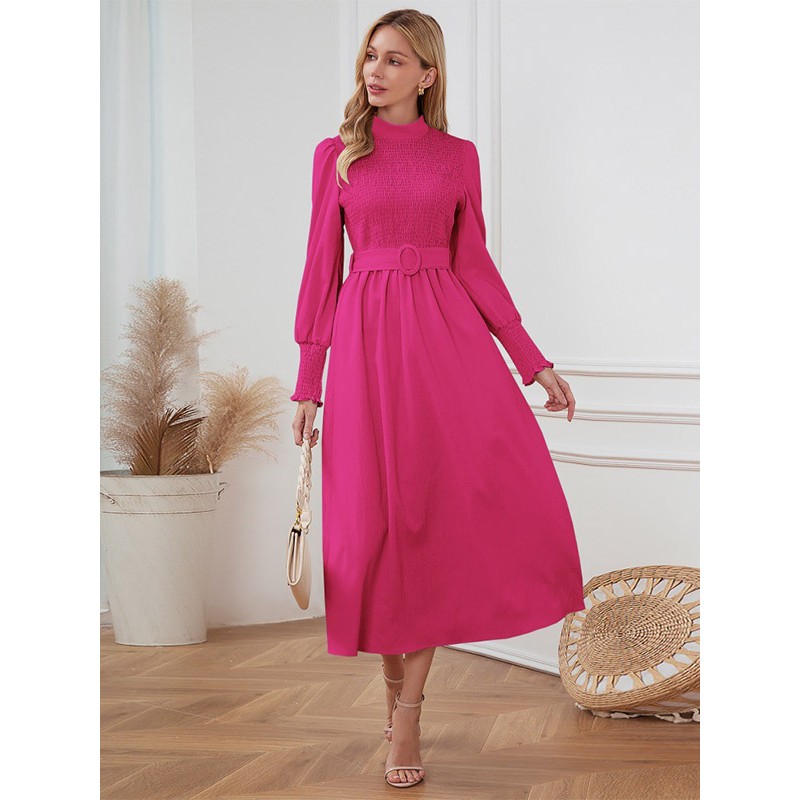 Midi Dress Pleated Polyester Crewneck Long Sleeves Elegant Party Dating