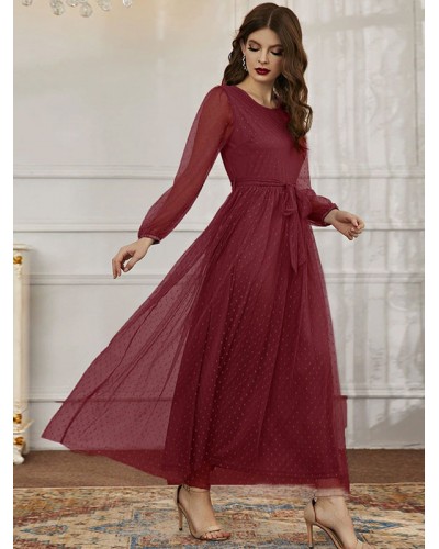 Women Maxi Dress Jewel Neck Long Sleeves Casual Sheer Sash Long Dress Elegant Spring Fall