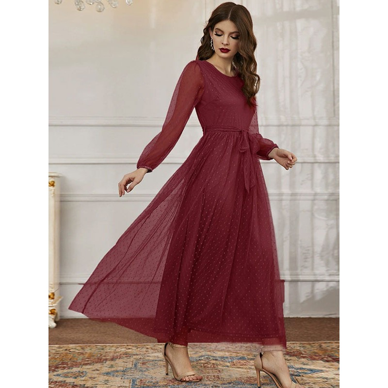 Women Maxi Dress Jewel Neck Long Sleeves Casual Sheer Sash Long Dress Elegant Spring Fall