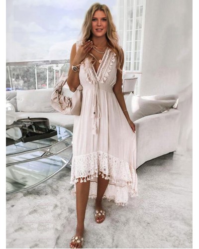 Fringe High Low Design Sexy V-Neck Sleeveless Midi Dress Summer Beach