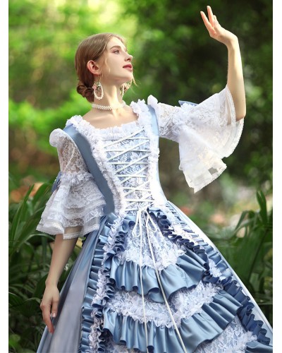 Women Light Sky Blue Costumes 's Ruffles Polyester Marie Antoinette Costume Dress Vintage Clothing Royal Retro Gothic Euro-Style