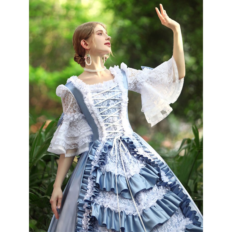 Women Light Sky Blue Costumes 's Ruffles Polyester Marie Antoinette Costume Dress Vintage Clothing Royal Retro Gothic Euro-Style