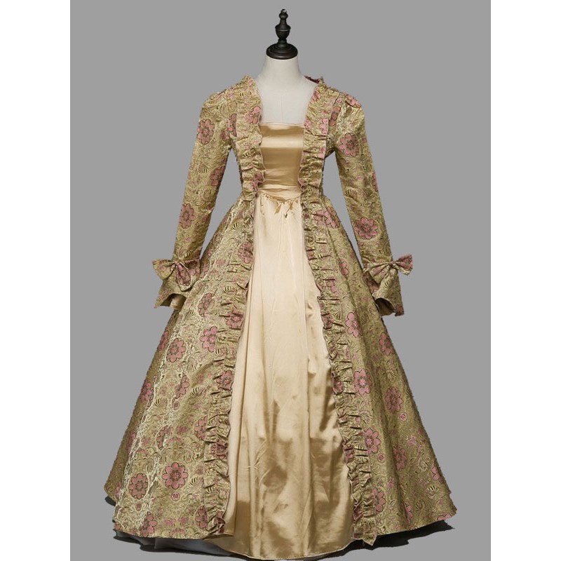 Women Light Brown Costumes 's Floral Print Ruffles Bows Marie Antoinette Costume Polyester Dress 18th Century Costume Tunic Retro