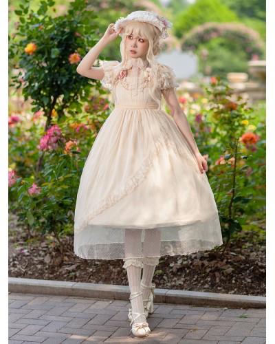 Classical Lolita Dress Bright Silk Chiffon Short Sleeves Light Apricot Dresses Daily Casual Tea Party