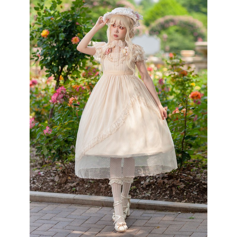 Classical Lolita Dress Bright Silk Chiffon Short Sleeves Light Apricot Dresses Daily Casual Tea Party