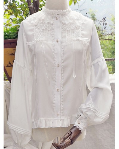 Classic Lolita Blouse Lace Ruffles Long Sleeve Stand Collar White Lolita Top Spring Summer Fall