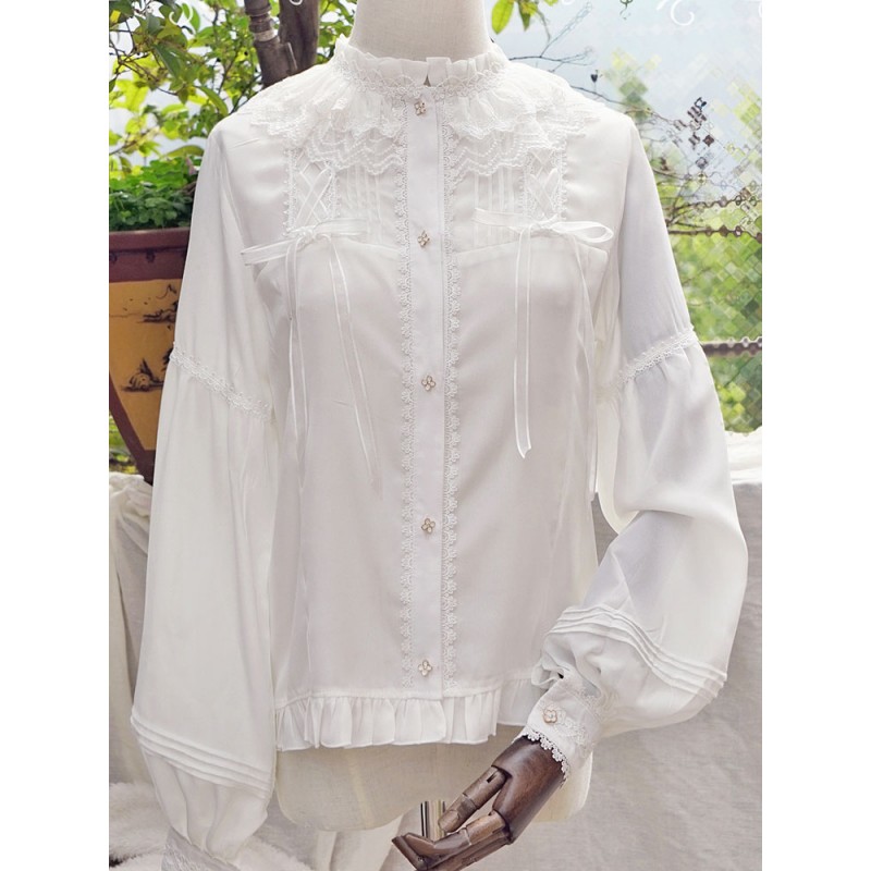 Classic Lolita Blouse Lace Ruffles Long Sleeve Stand Collar White Lolita Top Spring Summer Fall