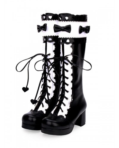 Classic Lolita Boots Lace Up Bow Two Tone Chunky Heel Black Lolita Knee High Boots Shoes