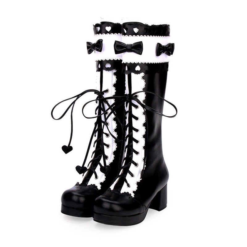 Classic Lolita Boots Lace Up Bow Two Tone Chunky Heel Black Lolita Knee High Boots Shoes