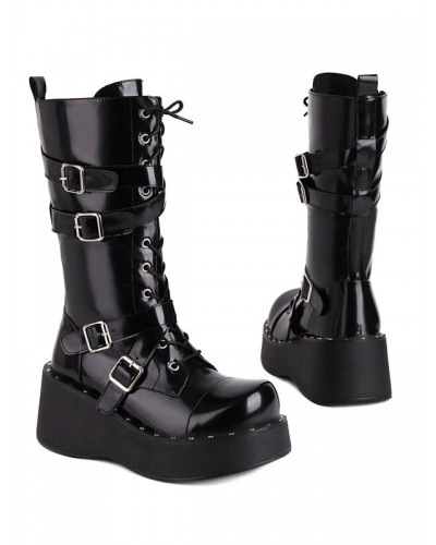 Lolita Boots Round Toe PU Leather Lace Up Black Lolita Footwear