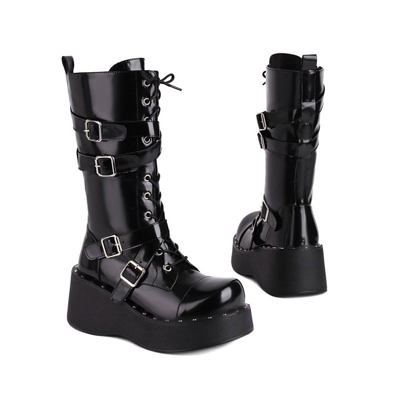 Lolita Boots Round Toe PU Leather Lace Up Black Lolita Footwear