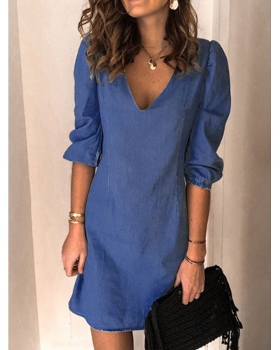 Women Midi Dress V-Neck Half Sleeves Simple Light Sky Blue Dress Maxi Summer