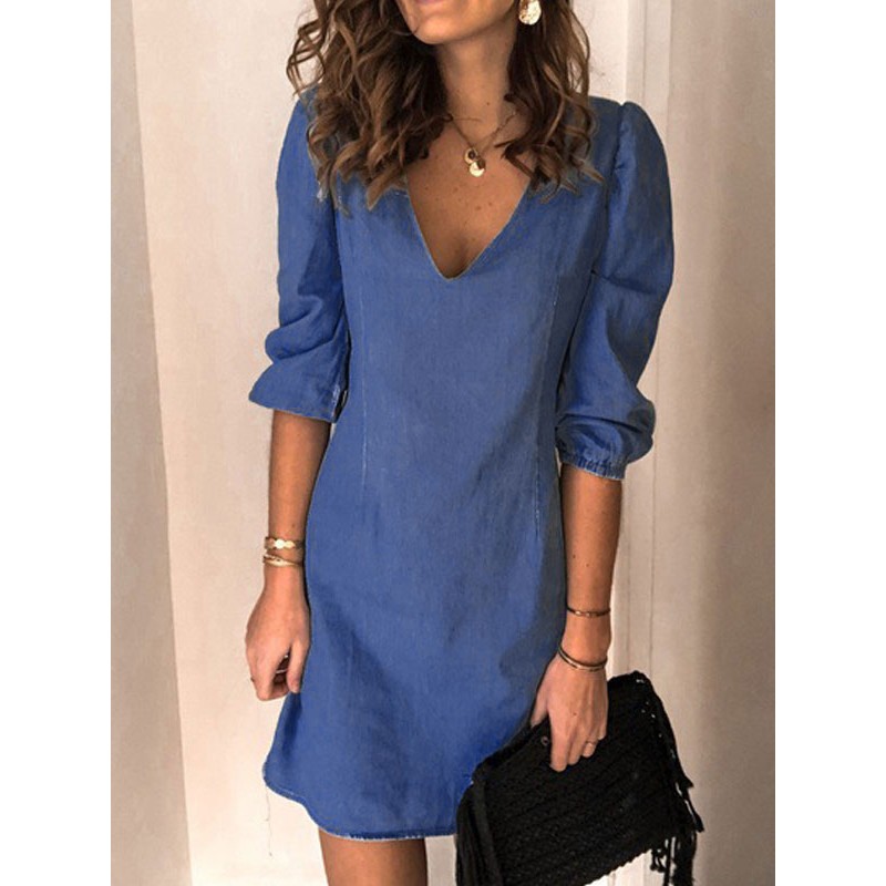 Women Midi Dress V-Neck Half Sleeves Simple Light Sky Blue Dress Maxi Summer